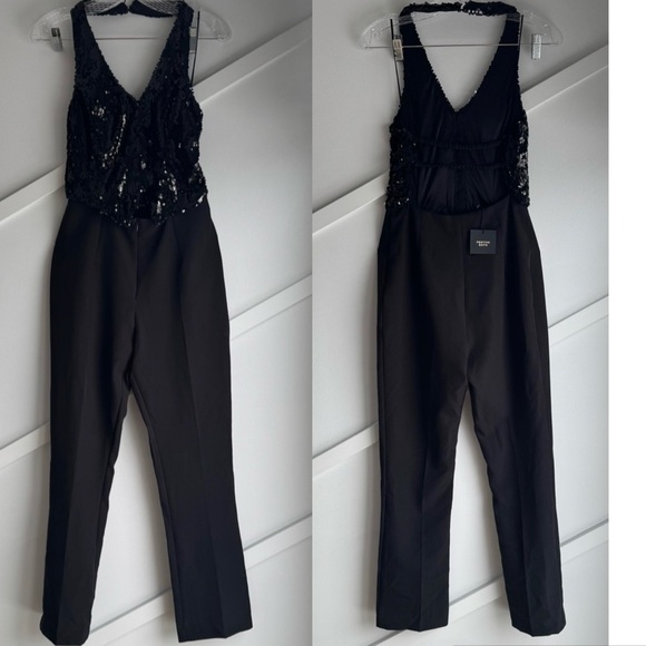 Zara Sequin Vest Halter Jumpsuit Open Back V- neck Black size S - Picture 7 of 12